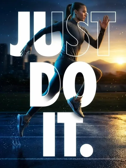 A cinematic scene of a fit female athlete sprinting outdoors on a wet road at sunset, with a city skyline and mountains in the background, golden hour lighting with blue-orange contrast, reflections on the ground, bold white typography 'JUST DO IT.' large and layered behind the subject, soft glow an