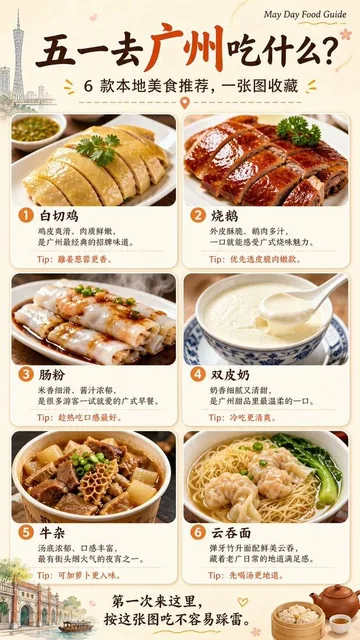 A bright and clean 9:16 vertical poster for May Day food recommendations in Chengdu, featuring 6 local dishes in a 2x3 grid layout with high-appetite food photography, warm cream background, soft shadows, and rounded cards.