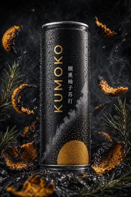 A premium commercial hero poster of a sparkling soda can in the center, surrounded by immersive flavor elements like fresh fruits and ice, with condensation droplets and carbonated fizz, shot in high-end commercial photography style with shallow depth of field and vibrant colors.