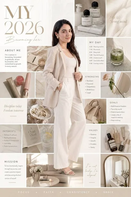 An ultra-refined editorial 'My 2026' identity board in a high-luxury clean girl magazine collage style, featuring a central full-body cutout portrait of a woman in an elegant pose, surrounded by curated lifestyle elements.