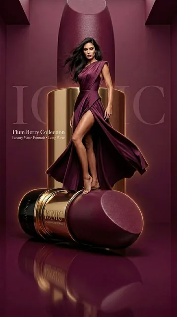 Ultra-luxury avant-garde beauty campaign featuring an oversized sculptural lipstick as a pedestal with an elegant female model standing on top in a powerful fashion pose, deep rich plum berry monochrome palette, glossy reflective floor, and giant IONIC typography behind the model.