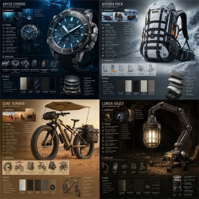 A 2x2 grid design board showcasing four everyday objects transformed into premium survival gear. Each quadrant features a cinematic photorealistic render with technical annotations, material swatches, and modular components. The style is expedition catalog meets luxury design poster with dramatic li