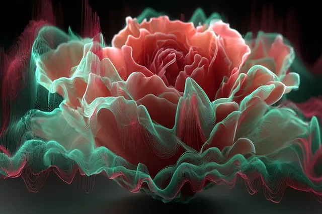 A luminous topographical map created by spectral sound wave cartography, where audio frequencies form glowing terrain. Wave edges pulse with a vibrant color, while amplitude peaks glow with another color, creating a symphony of light and sound.