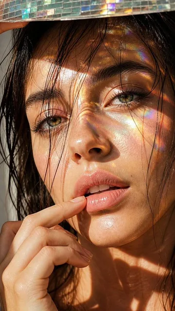 Ultra-realistic 4K vertical beauty portrait with prismatic rainbow caustics from mosaic glass, macro 85mm close-up, dewy skin texture, hand touching lower lip, cinematic shallow depth of field.