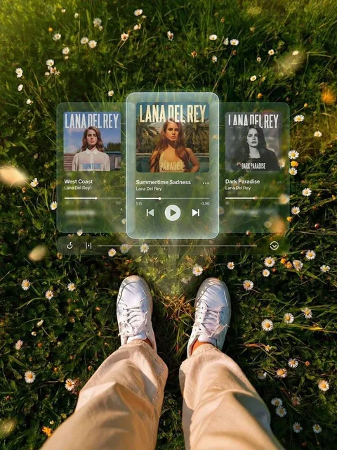 A top-down first-person perspective of a person standing in a sunlit grassy field with small white daisies, wearing beige pants and clean white sneakers. A floating holographic music player with glassmorphism style displays three album cards, with Lana Del Rey's tracks West Coast, Summertime Sadness