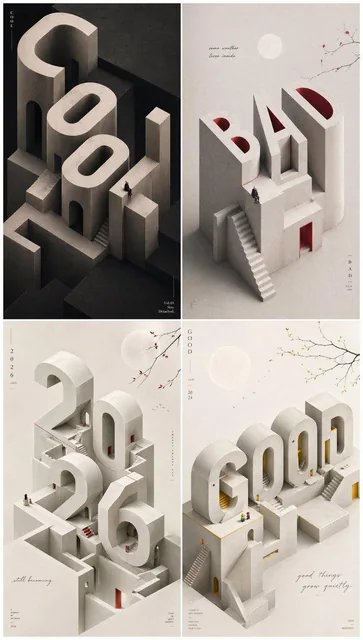 A minimalist surrealist 3D art poster featuring geometric architectural spaces, tiny characters for scale contrast, and subtle poetic elements, evoking a sense of quiet solitude and high-end design.
