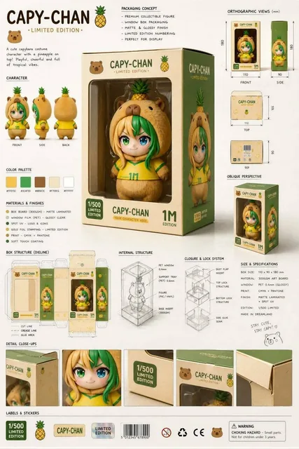 Ultra-detailed collectible toy packaging presentation sheet for Capy-chan Limited Edition, featuring 3D renders, dielines, sketches, and material annotations.