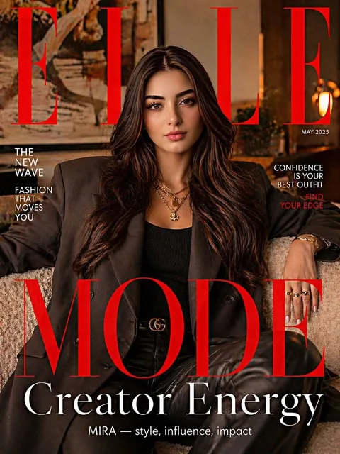 An ELLE magazine cover featuring a woman with preserved face sitting casually on a sofa in a relaxed pose, wearing trendy modern street-luxury outfit with oversized blazer, crop top, stylish pants, and layered accessories, soft glam makeup, glowing skin, playful confident vibe, warm soft influencer-