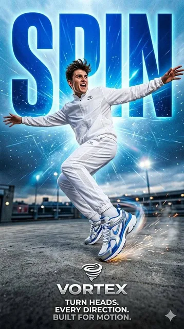 A high-energy vertical sneaker advertisement poster featuring a young American white man in a white tracksuit mid-spin, with bold SPIN typography and VORTEX branding, ultra photorealistic 8K cinematic color grading.