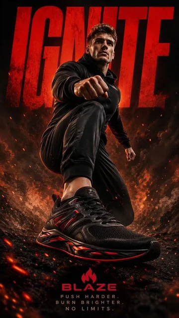 A cinematic vertical sneaker advertisement poster featuring a young American white man in a black hoodie and joggers lunging forward with a fist, with bold IGNITE typography, Blaze branding, and sleek black and red sneakers in the foreground.