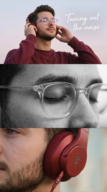A minimalist lifestyle advertisement featuring a young man wearing red over-ear headphones, eyes closed, immersed in music, with soft natural lighting and pastel sky background, split-frame layout with typography 'Tuning out the noise'.