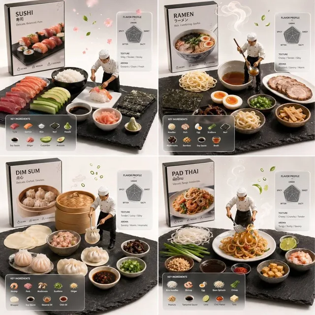 A 2x2 grid showcasing AR culinary deconstruction of 4 famous Asian dishes. Each cell features a clean white studio with soft overhead softbox lighting, textured dark slate base, white plate with separated ingredients, a 1/12 scale plastic chef action figure posing with tools, and a background menu b