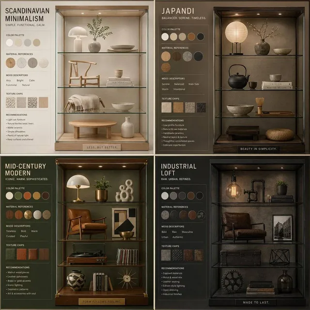 A curated 3D display case showcasing a taste profile with a minimalist gallery background, premium softbox lighting, and glass reflections. Includes a taste DNA infographic UI with color palette, materials references, mood, and recommendations.