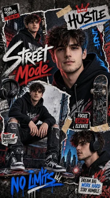 A bold urban-themed collage on a textured concrete wall background with graffiti accents, featuring a young man in trendy streetwear, neon red and blue accents, spray paint textures, stickers, tape, headphones, skateboards, city skyline silhouettes, and bold typography reading Street Mode, Hustle, N