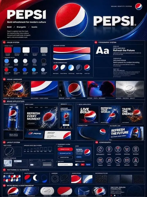 A highly detailed, premium brand identity system poster featuring a multi-layered grid layout, color palette, typography examples, visual tiles, brand applications like packaging and website, icons, patterns, and micro details, all derived from the uploaded logo.