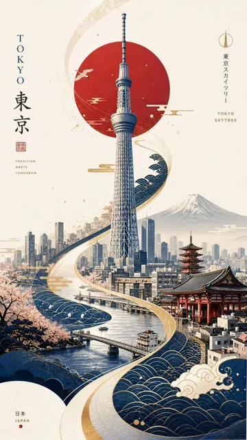 Ultra-premium minimalist city poster in Japanese aesthetic, vertical 9:16. Abstract geometric representation of Kinkaku-ji temple, elegant and iconic. Flowing S-curve based on Kamo River, traditional wave pattern guiding the eye, dynamic cherry blossom petals floating. Surrounding elements include F