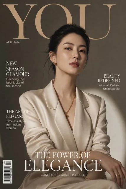 A mysterious elegant woman in a structured couture outfit, featured on a high-end fashion magazine cover with dramatic lighting and a black and gold color palette.