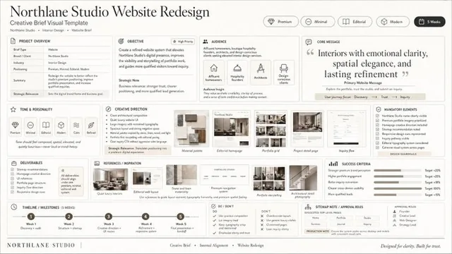 A premium, visually structured one-page creative brief template designed for strategic planning and creative alignment, featuring clear sections, hierarchy, and sophisticated layout.