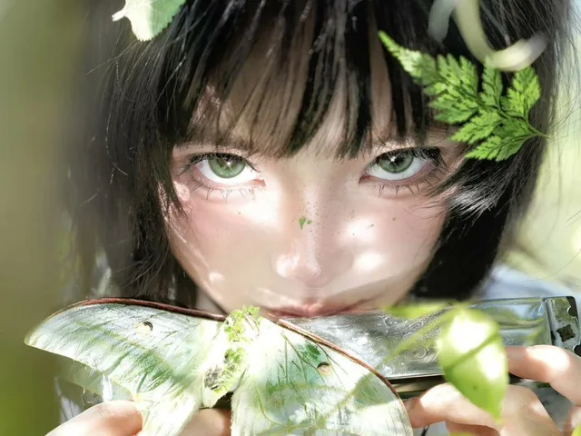 A close-up macro portrait of a forest elf girl with short wet black hair, green glass-like eyes, translucent fair skin, and a green paint dot on her nose, holding a glass dagger, with a pale green luna moth near her lips in dappled sunlight.