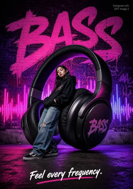 Streetwear advertisement poster featuring a teenage girl in a hoodie and baggy jeans leaning against giant BASS headphones, with neon lights and graffiti-style text.