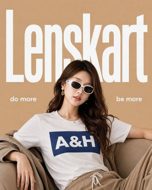 Editorial fashion advertisement for LENSKART eyewear. A confident woman wearing stylish sunglasses sits on a sofa against a warm beige background, with bold "LENSKART" typography b