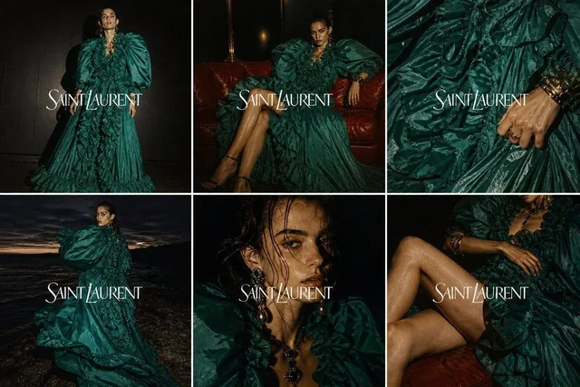 A 6-frame grid (3x2) cinematic fashion campaign inspired by Saint Laurent, featuring a dramatic vert turquoise ruffled nylon gown, hard flash lighting, deep shadows, moody tungsten tones, black, deep red, emerald turquoise, burnt gold color palette, glossy fabric textures, film grain, dark sensualit