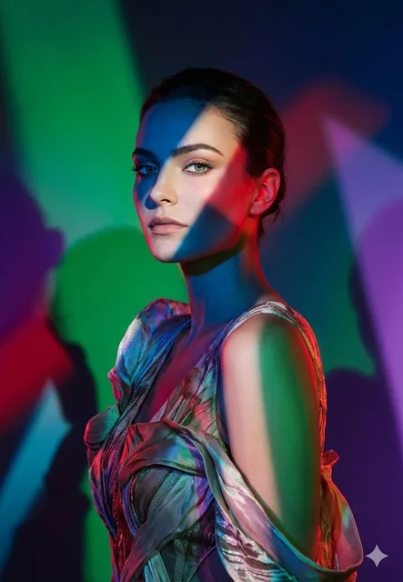 A surreal fashion-forward studio portrait of a beautiful woman in an intricate avant-garde gown, with striking eyes, framed in a tight chest-up composition. Architectural experimental lighting with deep cerulean and crimson beams creates graphic shadows and chromatic tension against vibrant gradient