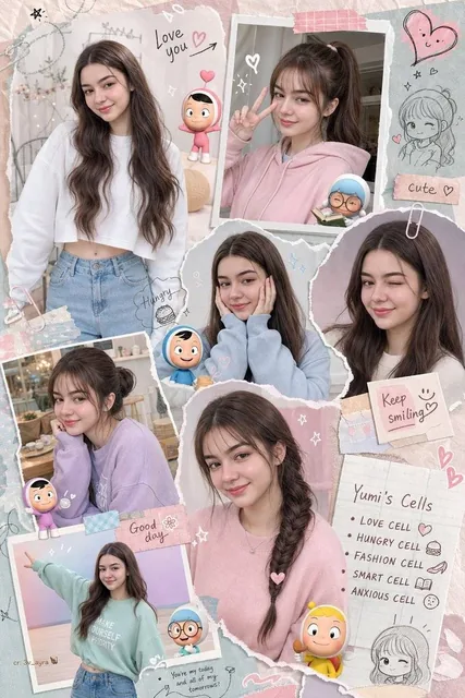 An asymmetrical modern scrapbook style photo collage featuring a young woman in multiple playful poses, with Korean makeup, pastel tones, chibi characters, and hand-drawn doodles, vertical 9:16 format.