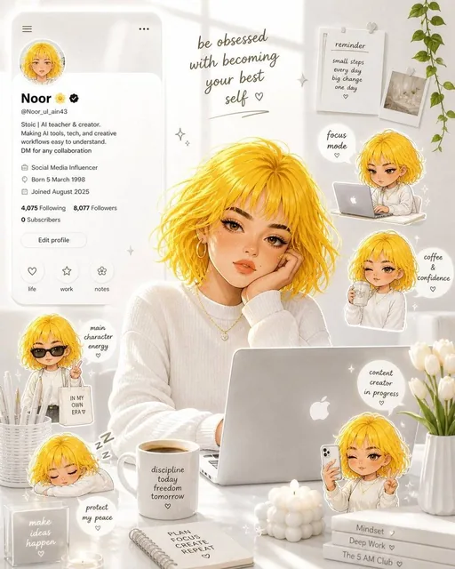 A bright, clean digital illustration of a young female creator with short messy yellow hair, glowing skin, and gold hoop earrings, wearing a cozy white sweater, resting her face on one hand at a white desk with laptop, stationery, ceramic mug, candles, white tulips, and a hanging plant. Multiple chi
