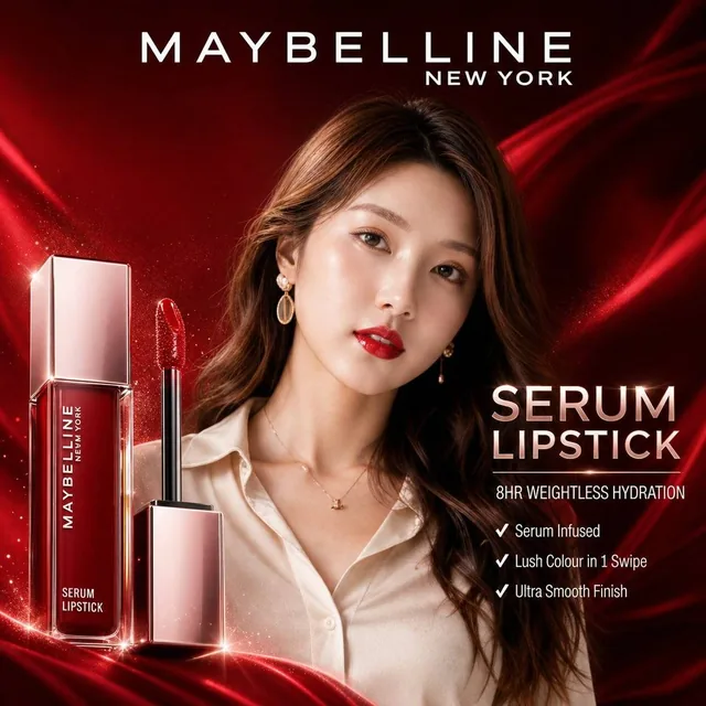 A high-end cosmetic advertisement for Maybelline New York Serum Lipstick, featuring a sleek luxury lipstick bottle on the left with a serum-gloss red lipstick applicator, and a confident elegant model with bold red lips, flowing liquid red silk background with sparkles, soft studio lighting, ultra-H