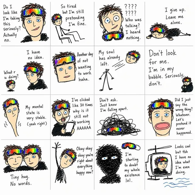 A set of 16 messy, low-quality MS Paint doodle style chat stickers with shaky lines, bad proportions, and handwritten text, featuring characters from the uploaded reference image, arranged in a 4x4 grid.
