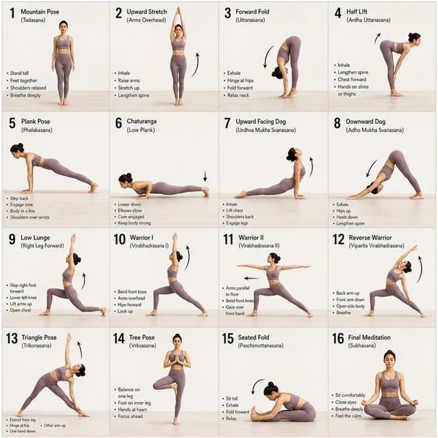 A 16-panel instructional storyboard grid showing a calm athletic young woman performing a sequence of yoga poses in a clean minimal studio with soft natural lighting, each panel labeled with step number and pose name.