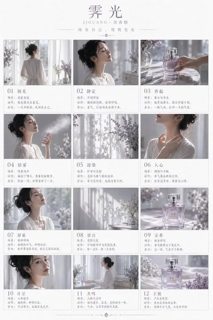 A luxury perfume advertisement storyboard for JIGUANG Eau de Parfum, featuring 12 cinematic shots in a 3x4 grid on a white paper texture background, with a Chinese elegant female model in white silk robe, soft lavender tones, morning light, and glass bottle with pale purple liquid.