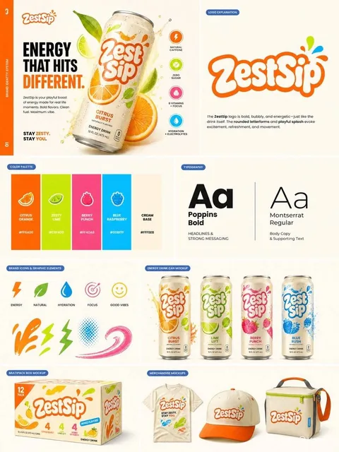 A high-end editorial brand identity system for ZestSip energy drink, featuring a rounded bold bubbly wordmark logo, playful energetic color palette of cream, orange, lime, berry, and blue raspberry, with realistic mockups including can, multipack box, t-shirt, cap, and cooler bag on a sharp grid lay