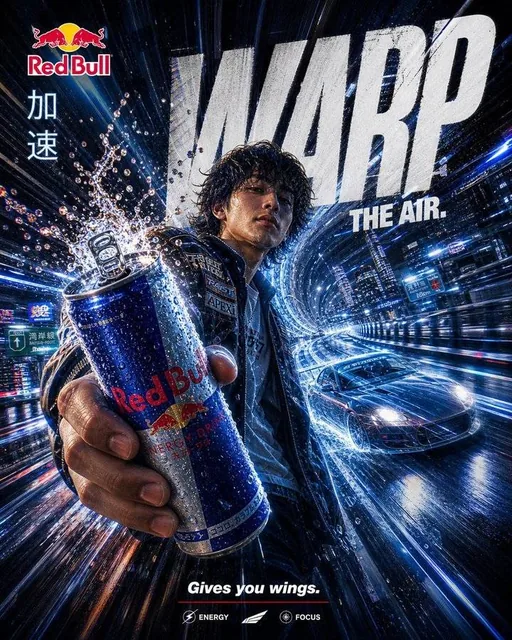 A young street racer in Tokyo, holding a Red Bull can that is mid-crack open, causing the air and road to warp around them in a surreal, high-energy display with neon lights and motion blur.