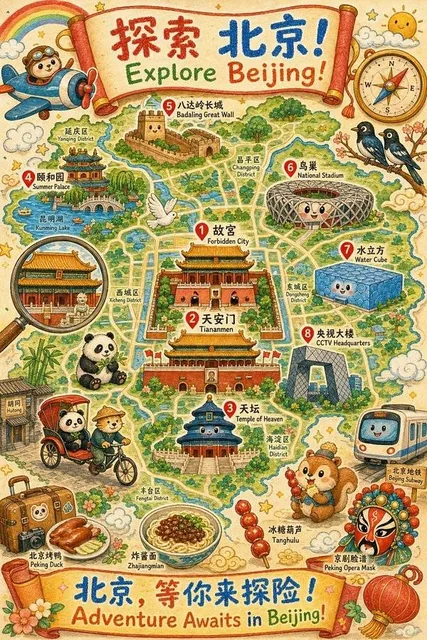 A vertical travel map poster of Beijing in warm and whimsical children's book illustration style, featuring cartoon landmarks, cute animals, handwritten bilingual labels, and colorful decorations.