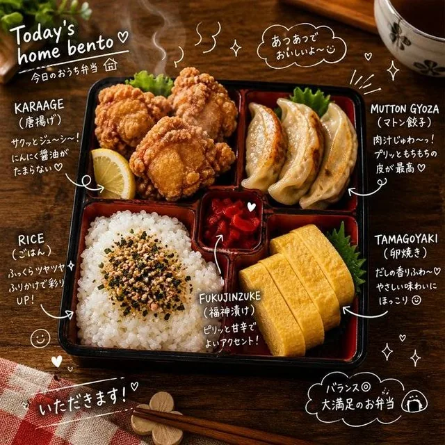 A top-down view of a black lacquered Japanese bento box with red compartments on a wooden table, featuring karaage, gyoza, rice with furikake, tamagoyaki, and fukujinzuke pickles, with hand-drawn doodles and handwritten labels in white overlay, soft natural lighting, cozy aesthetic.