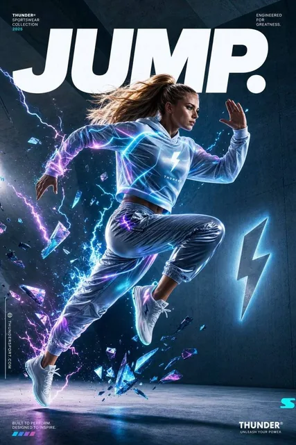 A futuristic sportswear advertisement featuring a powerful athletic woman mid-jump in a dynamic running pose, wearing sleek metallic joggers, a glowing high-tech sweatshirt, and modern running shoes, with gold hair and a focused expression, surrounded by matching energy effects, electric arcs, and f