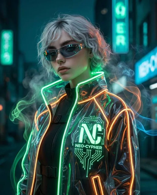 Futuristic portrait of a young woman wearing a transparent neon jacket with glowing green and orange edges and an illuminated logo on her chest, against a dark teal background.