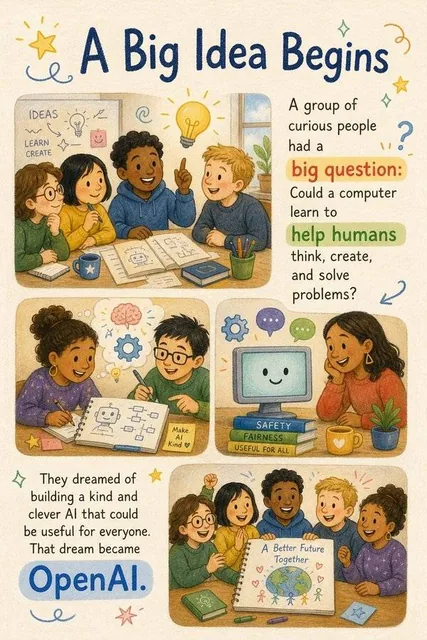 A warm off-white paper background with a multi-panel storybook layout featuring hand-drawn children's book illustration style, soft gouache, colored pencil, and crayon textures, visible paper grain, natural sketch-like lines, rounded charming characters, clear readable story text with color-highligh