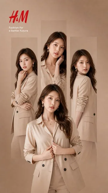A minimalist premium fashion advertisement poster for H&M featuring a young Asian woman in four vertical panels, wearing a beige blazer and matching outfit, with soft studio lighting and warm monochrome aesthetic.