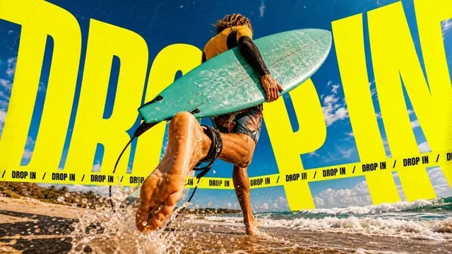 A dramatic outdoor editorial poster featuring a low-angle shot of a person in streetwear, with oversized, warped neon typography dominating the frame. Film grain and high-energy youth culture vibes are evident.