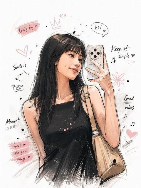 Korean-style character illustration with a dynamic pose, expressive face, and detailed clothing, created in a hand-drawn doodle style with ink splashes and pastel colors on a white