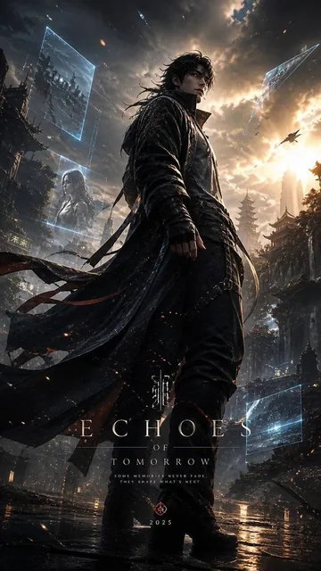 A high-end cinematic character poster with layered depth composition, featuring a character in a dynamic pose with wind, light, and particles, set in an atmospheric environment with volumetric glow and floating fragments, using a controlled dual-tone color palette.