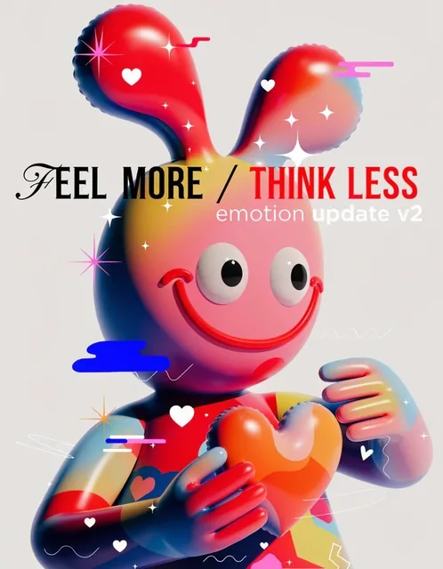 A 3D soft toy-like character with glossy texture and a slightly uncanny smile, holding a floating heart-shaped object in front of the body, with clean minimal background and modern poster composition. Large overlapping typography reads 'FEEL MORE / THINK LESS' in split layout across the frame, with