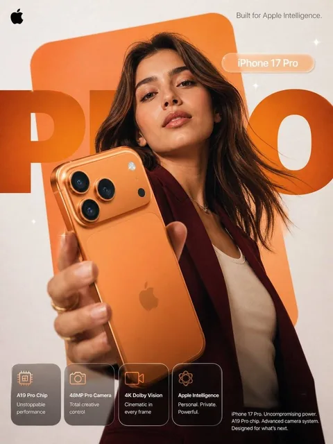 Premium Apple-style advertisement poster for iPhone 17 Pro in Titanium Orange, featuring a stylish model, minimalist studio background, and key features highlighted.