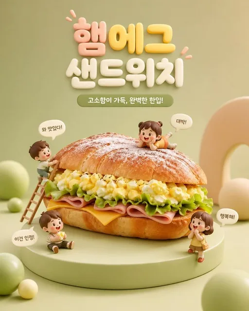 A 3D food advertisement scene featuring an oversized cheesy sandwich on a pastel platform, with tiny chibi children climbing, sitting, and celebrating around it, soft studio lighting, pastel green and warm beige background, 4K.