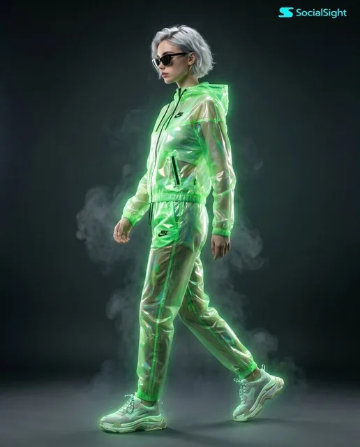 A full-body side profile of a young woman walking in a futuristic fashion editorial, wearing a transparent waterproof tracksuit and sneakers with glowing neon green holographic effects, soft smoke trails, dark gradient background, cyberpunk aesthetic.