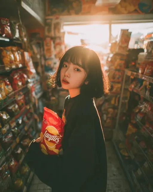 A young girl with short black hair and slightly wet bangs stands in a convenience store aisle, holding a red potato chips bag, looking up sideways with a soft expression. Warm golden sunset light streams through a large window, casting soft orange highlights and long shadows across the products and