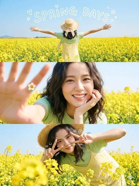A bright spring lifestyle collage in a 3-frame vertical layout featuring a cheerful young woman in a yellow rapeseed flower field, wearing a straw hat and light pastel outfit, with top frame showing back view and doodle text, middle frame close-up selfie, bottom frame playful peace sign pose.